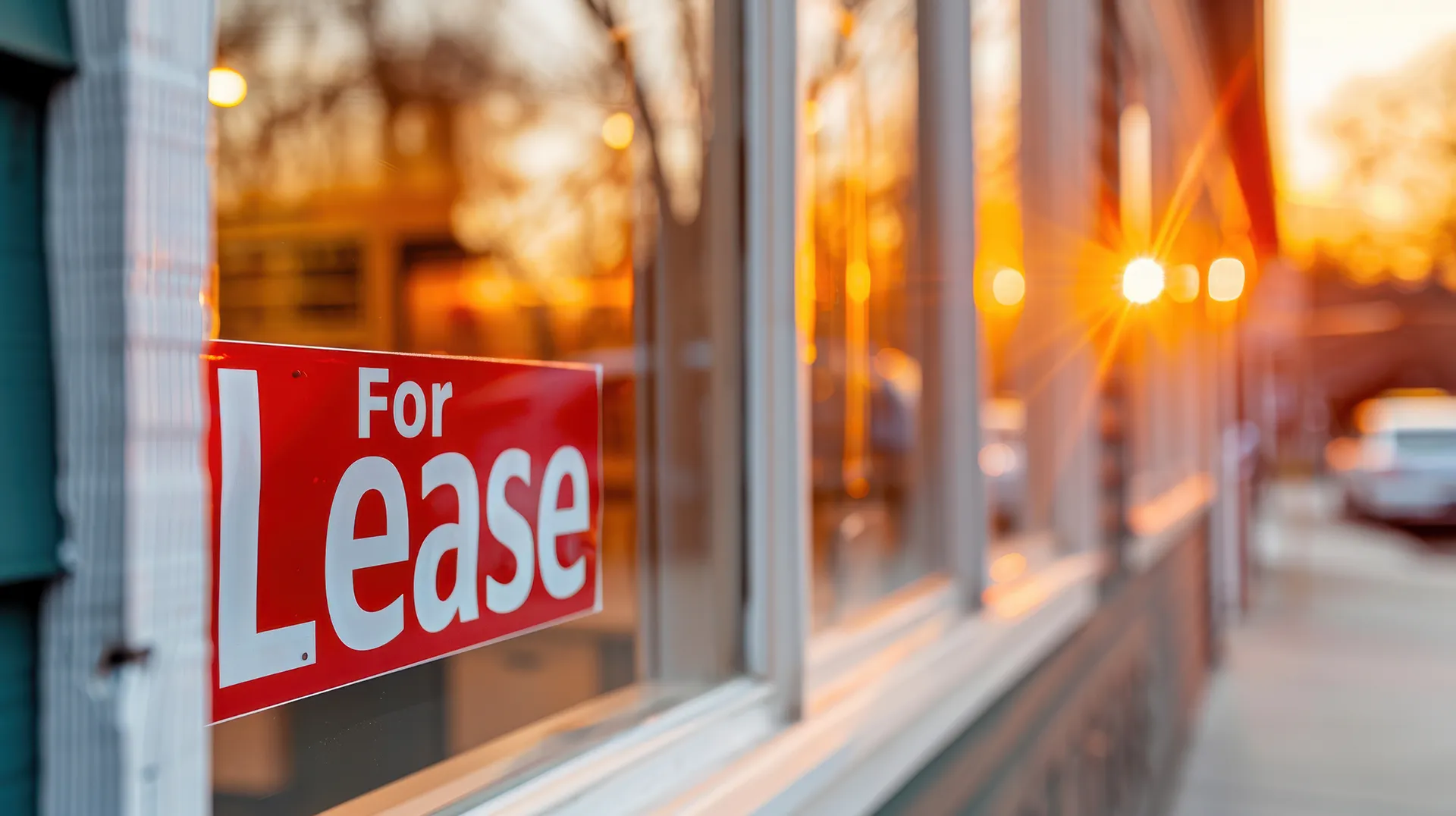 Commercial Building with For Lease sign in window