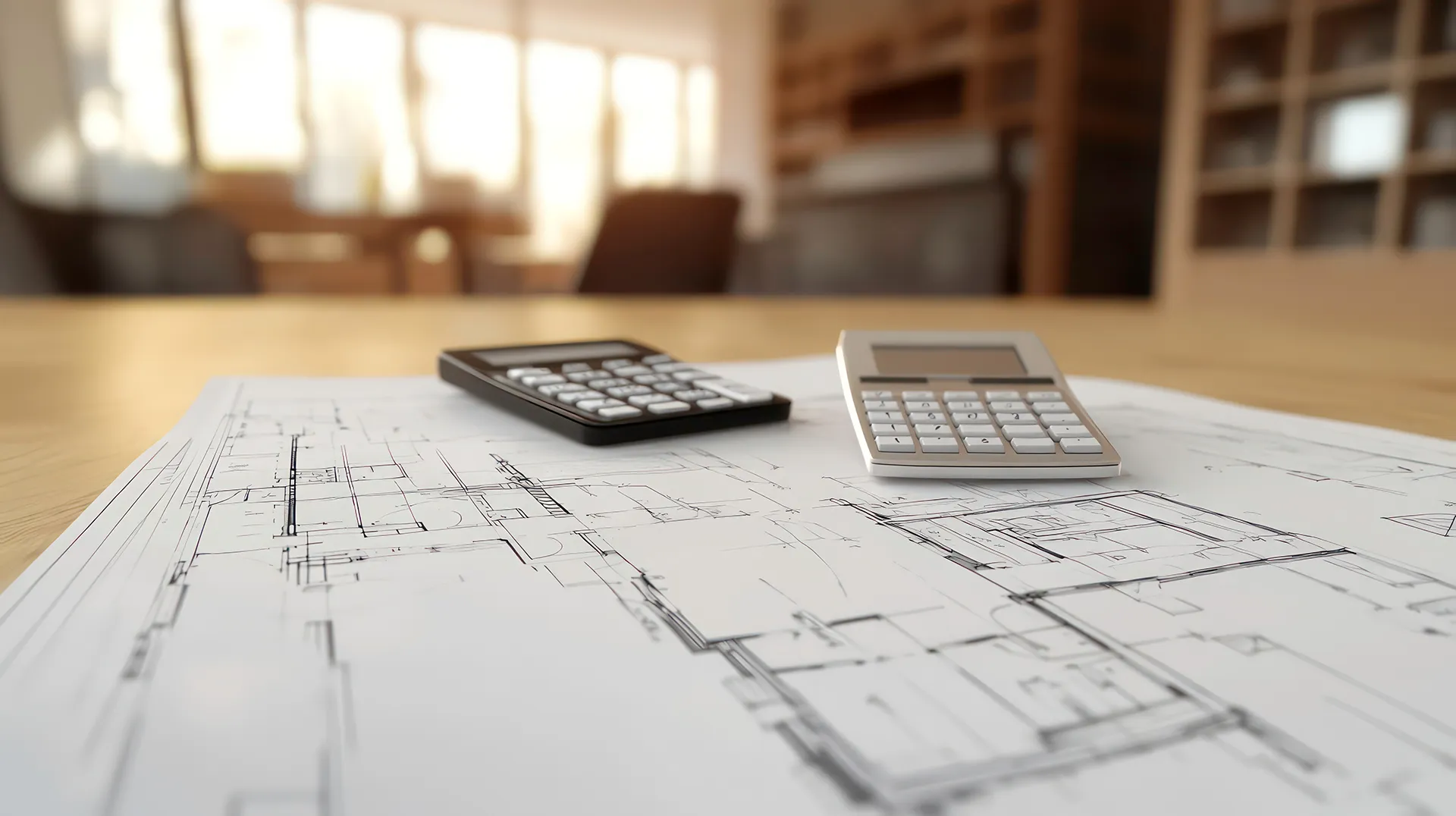 Closeup of plans and calculator for a house